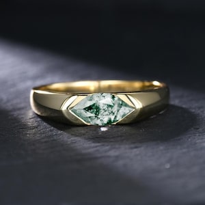Half Bezel East-West 1CT Dutch Marquise Moss Agate Engagement Ring for Men 14k Solid Gold Solitaire Agate Promise Ring Men's Wedding Band