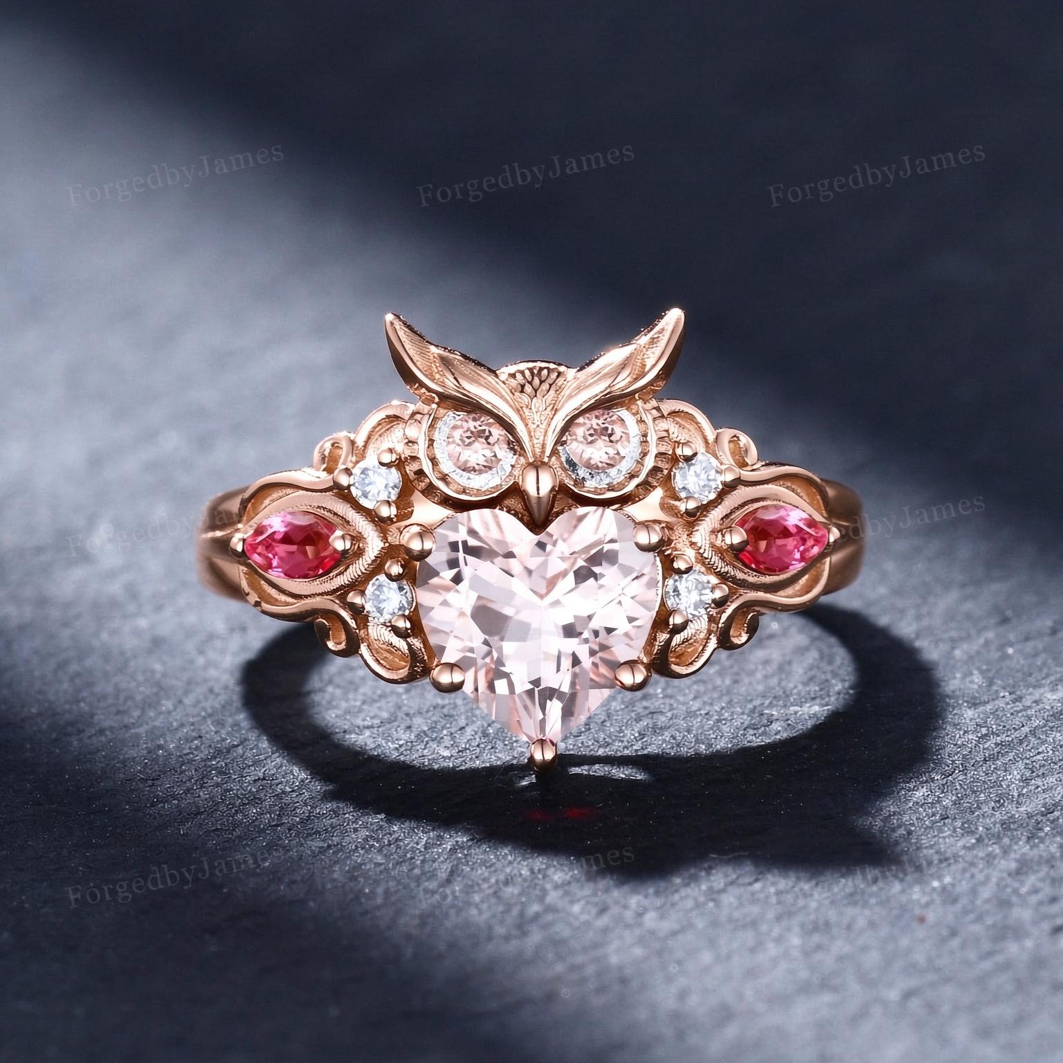 Gothic Natural Morganite Owl Engagement Ring: Heart-Shaped Pink Morganite Tourmaline Witchy Animal R