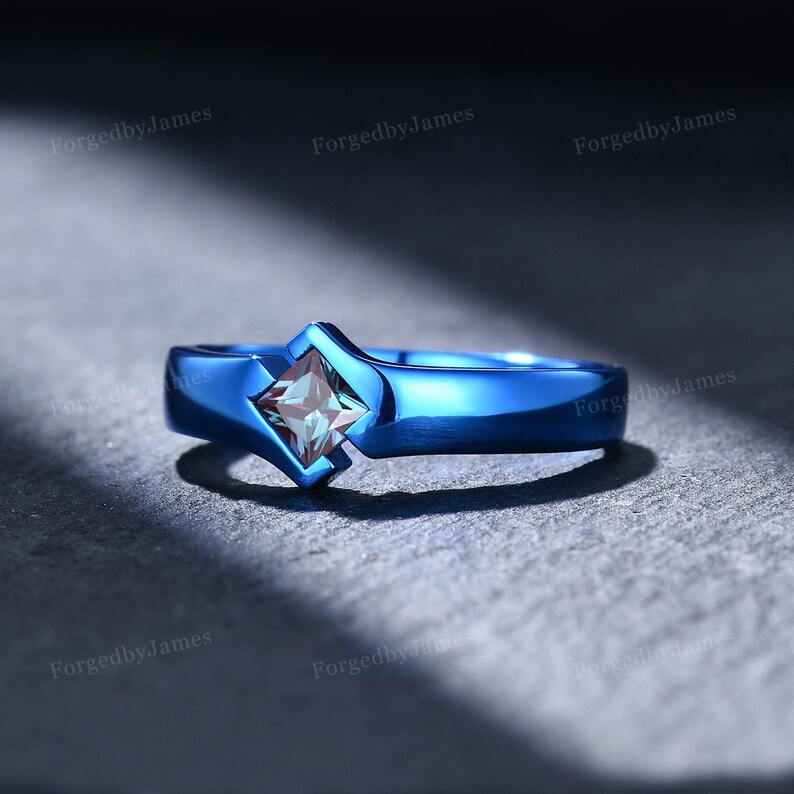 Geometric Princess Cut Alexandrite Unisex Wedding Band, White Gold ...