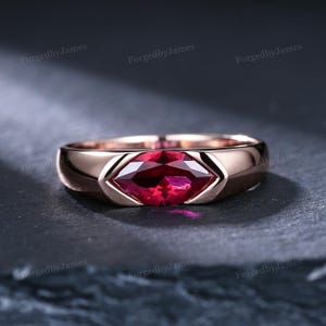 Half Bezel East-West 1CT Dutch Marquise July Ruby Engagement Ring for Men 14k Solid Gold Solitaire Ruby Statement Ring Men's Wedding Band