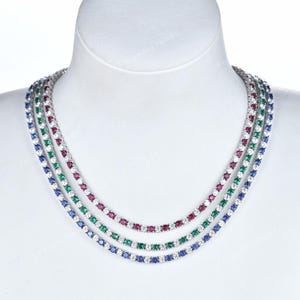925 Sterling Silver Blue Sapphire Diamond Tennis Necklace Dainty Thin Emerald Ruby 3mm Tennis Chain Minimalist Unisex Jewelry Bridal Gift