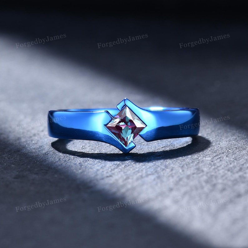Geometric Princess Cut Alexandrite Unisex Wedding Band, White Gold ...