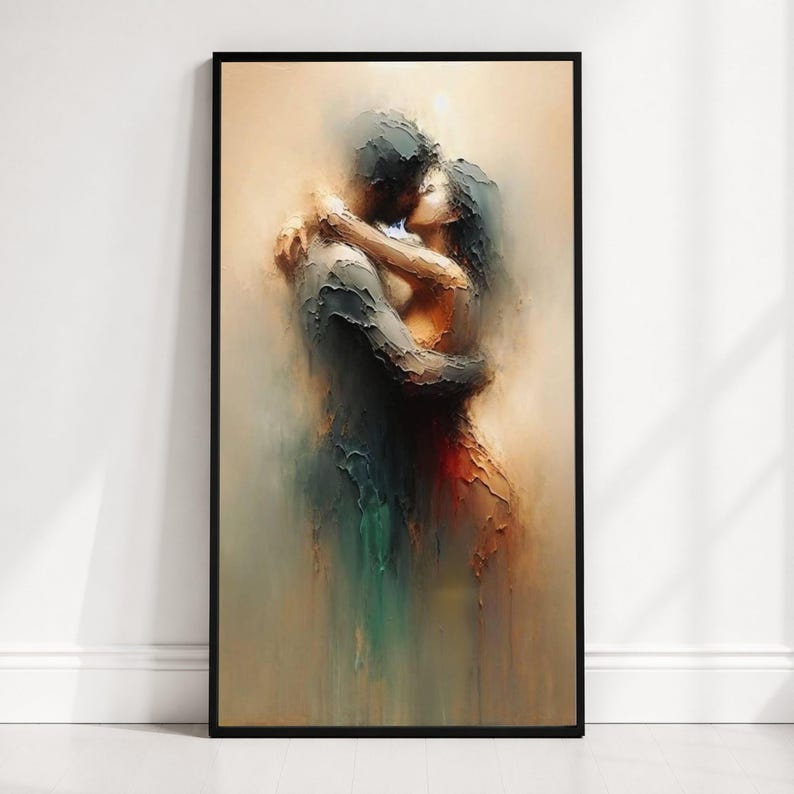Abstract Lovers Embrace Canvas Wall Art, Romantic Couple Painting, Modern Art, Intimate Home Decor, Emotional Love Canvas image 1