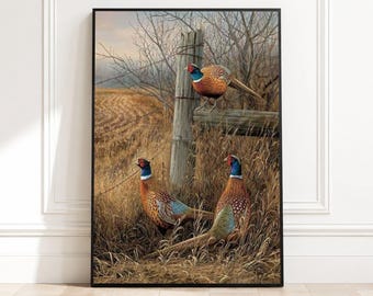 Rustic Pheasants in Autumn Field Canvas, Wildlife Wall Art, Farm Landscape Painting, Nature Scene Canvas, Ready to Hang Home Decor