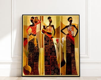 African Tribal Women Canvas, Ethnic Wall Art Decor, Vibrant Patterned Dress Artwork, Cultural Home Decoration, Ready to Hang Canvas