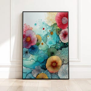 Arte de parede em tela com estampa floral abstrata, design colorido de recife de coral, decoração moderna com temática oceânica, tela em estilo aquarela, decoração para casa com tema costeiro.