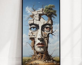 Surreal Face Mosaic Canvas Wall Art, Salvador Dali Surrealism, Dual Eye Abstract Portrait, Modern Surreal Decor, Unique Home Art