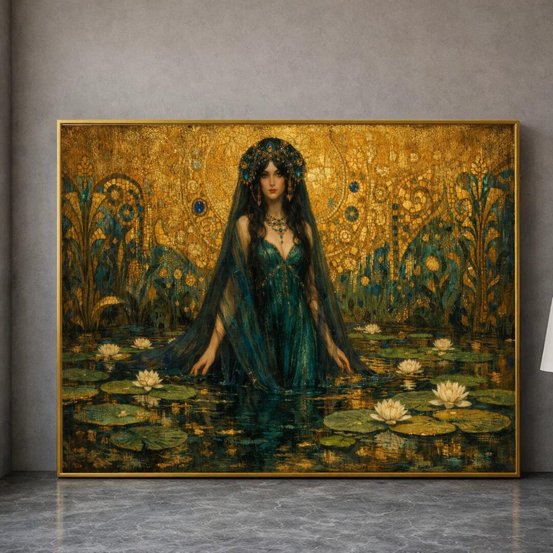 Mystical Woman in Water, Gustav Klimt Style Canvas, Golden Floral ...