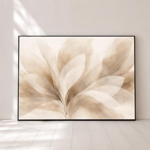 Cuadro abstracto floral en tonos neutros suaves sobre lienzo, estampado botánico grande, decoración para el hogar en tonos beige, diseño moderno inspirado en la naturaleza.