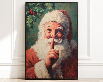 Vintage Santa Claus Canvas Wall Art, Christmas Holiday Decoration, Secret Shushing Santa, Festive Seasonal Canvas, Holiday Home Decor