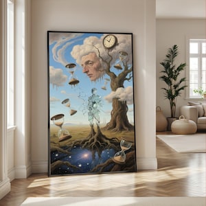 Op de afbeelding: Een ingelijst surrealistisch schilderij met een groot gezicht met wolkenachtig haar, een klok en verschillende zandlopers. Een figuur van gebroken glas staat bij een boom met blote wortels. Het kunstwerk heeft een dromerige kwaliteit met een blauwe lucht en een sterrenvijver.