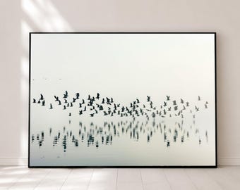 Minimalist Flying Birds Canvas, Misty Water Reflection Wall Art, Black and White Nature Canvas, Modern Home Decoration