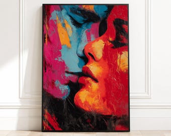 Abstract Couple Face Canvas Wall Art, Colorful Romantic Portrait Painting, Intense Expression, Modern Love Artwork, Home Decor Canvas