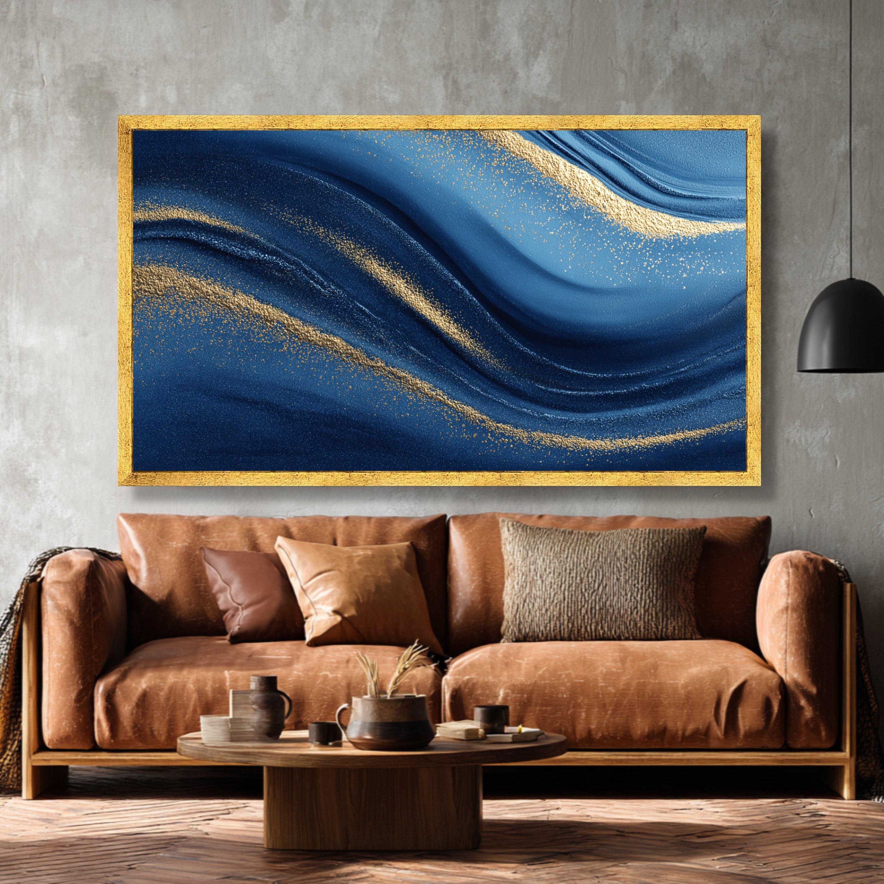 Modern Blue and Gold Abstract Canvas Wall Art, Luxury Fluid Art ...