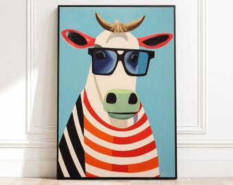 Lienzo de vaca con un toque moderno, retrato de animal caprichoso, decoración de granja moderna, pintura abstracta colorida de vaca, decoración divertida para la pared de la cocina.