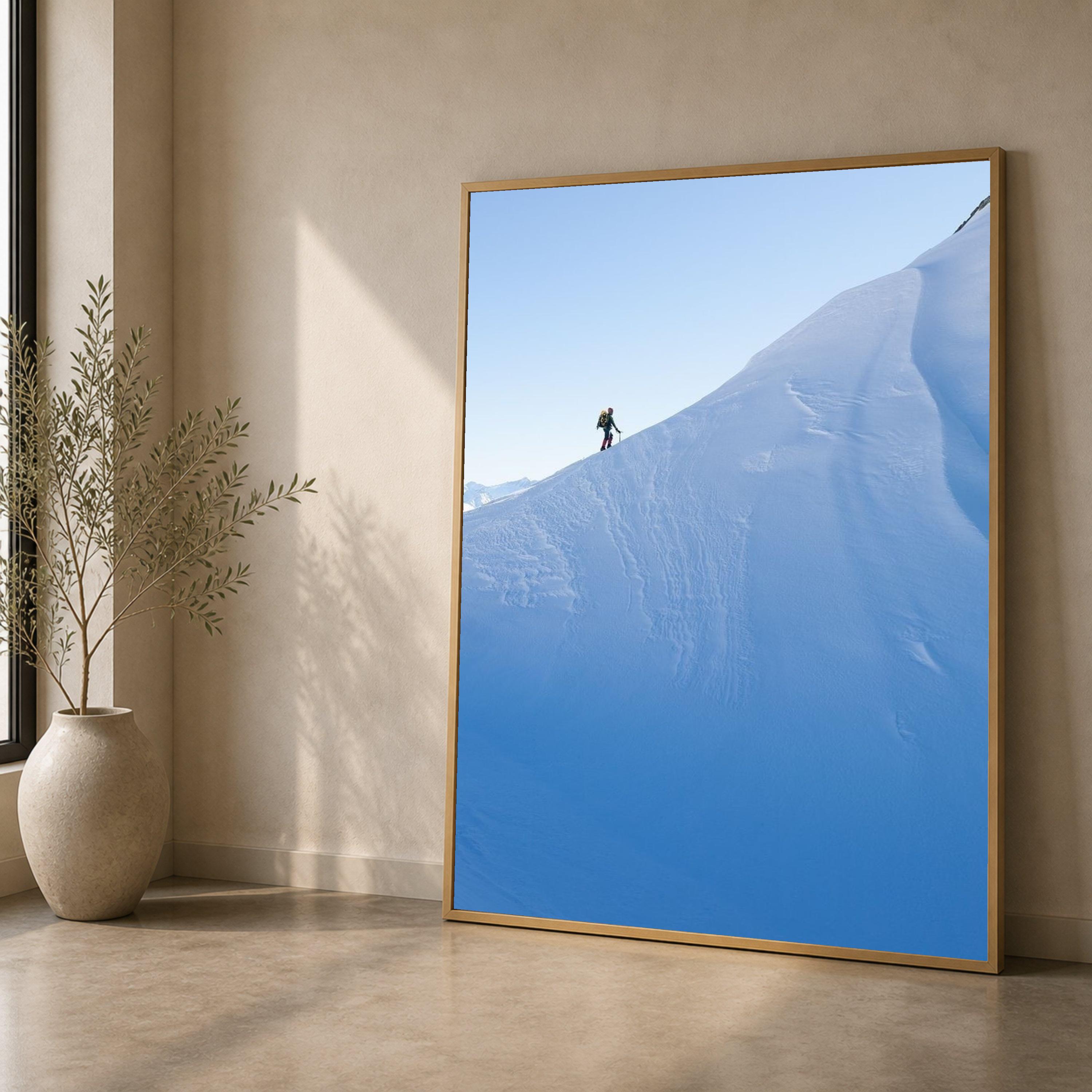 Lone Mountaineer Climbing Snowy Peak Canvas, Winter Adventure Wall