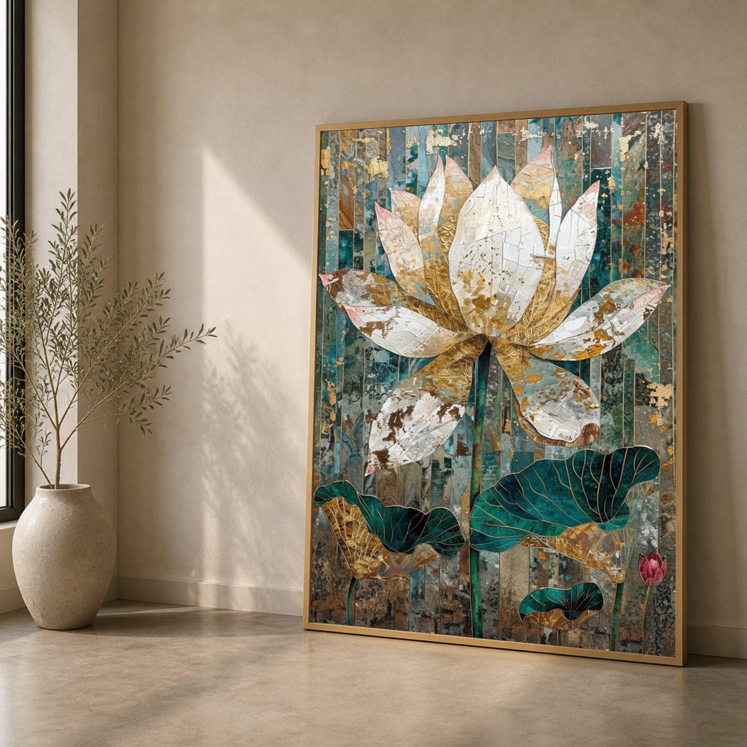 Golden Lotus Flower Canvas Wall Art, Abstract Floral Painting, Teal and ...