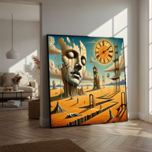 Op de afbeelding: Een surrealistisch schilderij met een gebarsten gezicht met tranen, een smeltend landschap en een klok. Het kunstwerk is ingelijst en staat in een lichte kamer met een houten vloer. De kleuren zijn voornamelijk oranje, blauw en geel.