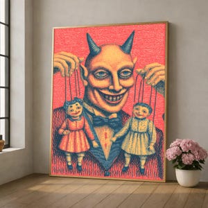 Devilish Puppet Master Canvas, Vintage Horror Art, Spooky Wall Decor, Gothic Illustration Canvas, Halloween Themed Wall Art