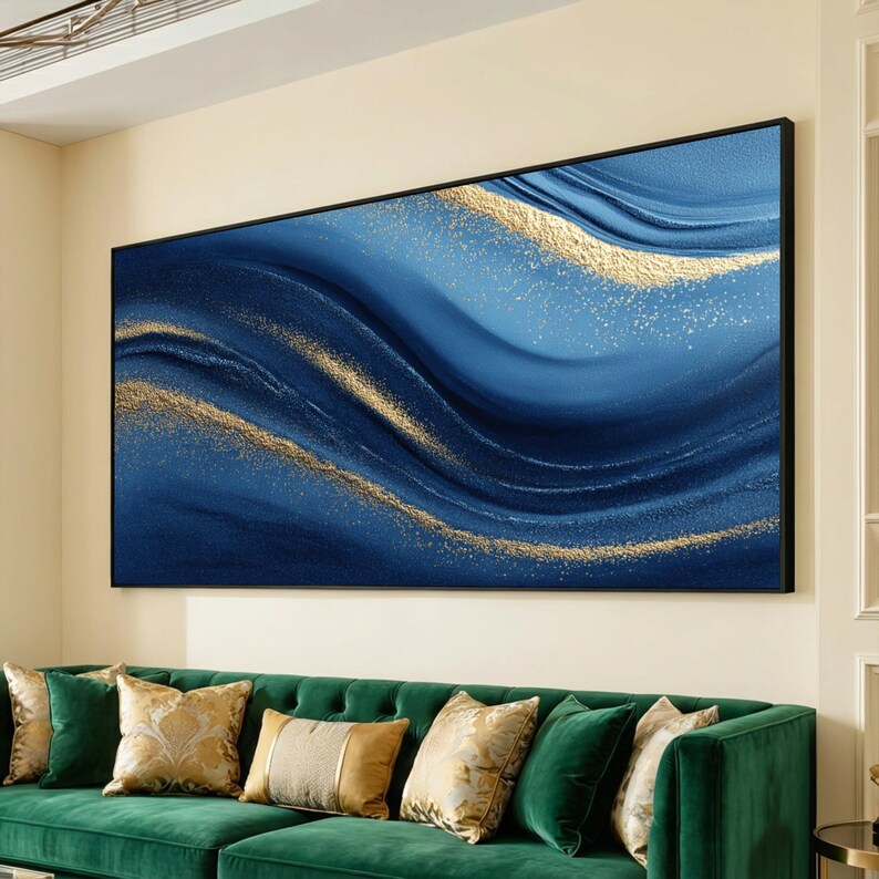Modern Blue and Gold Abstract Canvas Wall Art, Luxury Fluid Art ...