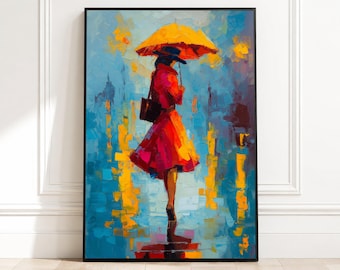 Woman with Yellow Umbrella Canvas, Abstract Cityscape Wall Art, Colorful Rainy Day Painting, Modern Decor Canvas, Vibrant Urban Scene