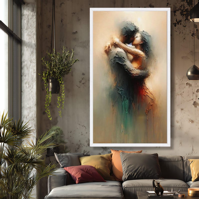 Abstract Lovers Embrace Canvas Wall Art, Romantic Couple Painting, Modern Art, Intimate Home Decor, Emotional Love Canvas image 7