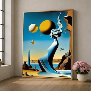 Surrealist Woman with Floating Orbs Canvas, Salvador Dali Wall Art, Abstract Modern Home Decor, Blue and Gold Canvas Painting