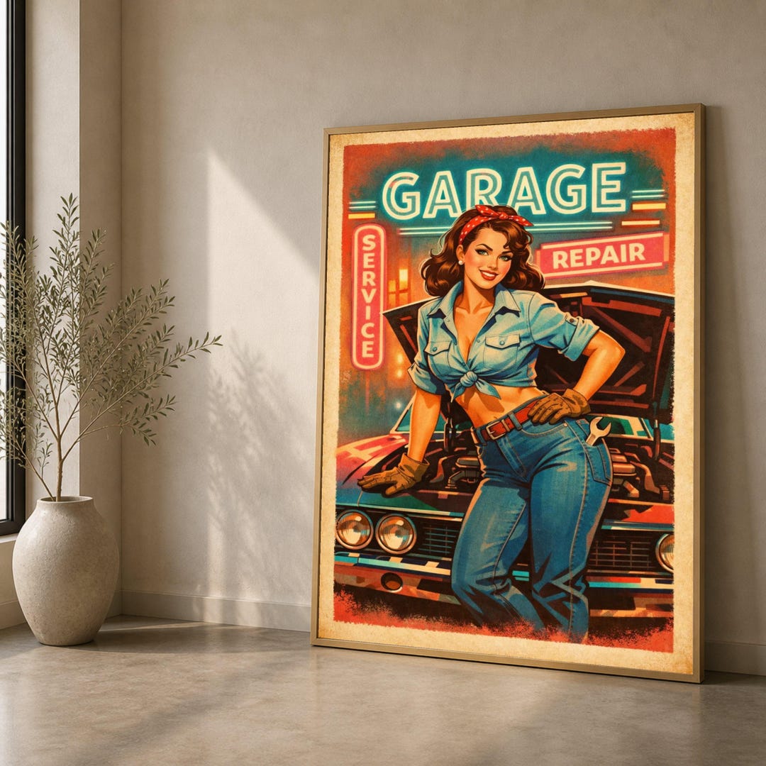 Retro Pin-up Girl Canvas, Vintage Garage Repair Sign, Automotive