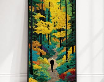 Autumn Forest Path Canvas Wall Art, Vibrant Fall Trees Painting, Nature Landscape Canvas Decoration, Colorful Woodland Scene, Ready to Hang