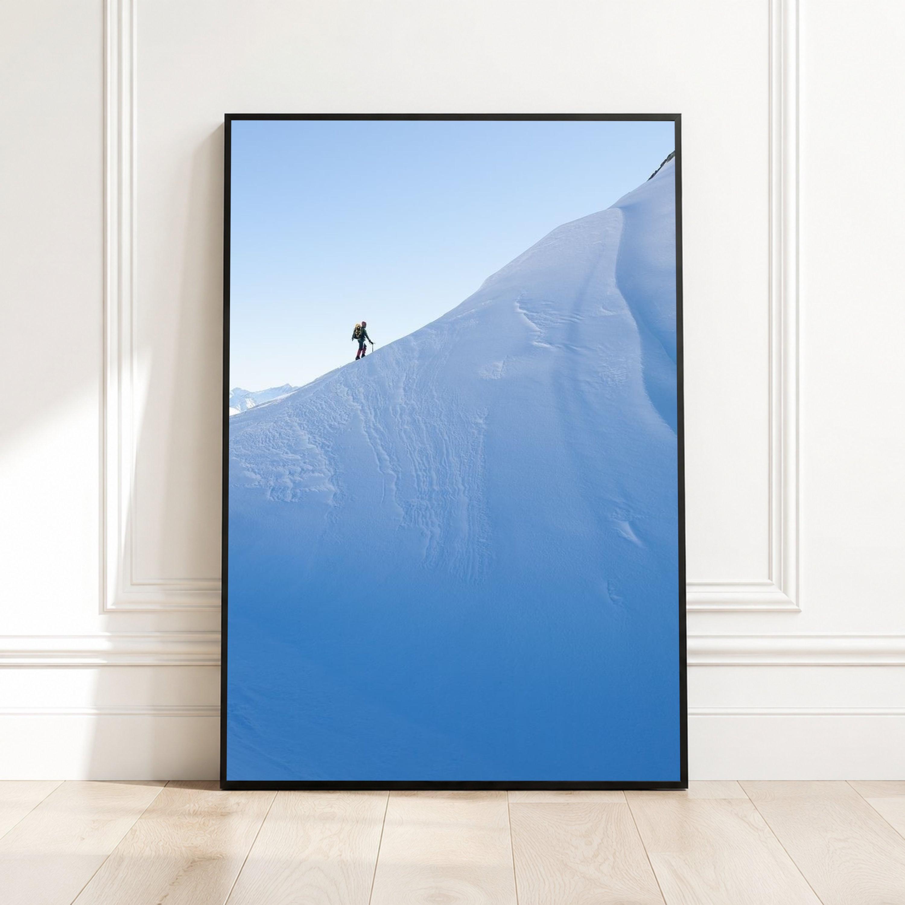 Lone Mountaineer Climbing Snowy Peak Canvas, Winter Adventure Wall