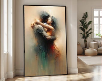 Abstract Lovers Embrace Canvas Wall Art, Romantic Couple Painting, Modern Art, Intimate Home Decor, Emotional Love Canvas