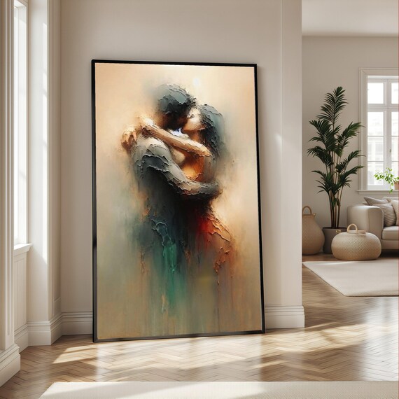 Abstract Lovers Embrace Canvas Wall Art, Romantic Couple Painting, Modern Art, Intimate Home Decor, Emotional Love Canvas