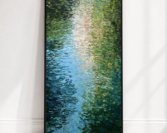 Abstract Water Reflection Canvas Wall Art, Green Blue Nature Modern Painting, Impressionist Landscape, Ready to Hang Decor