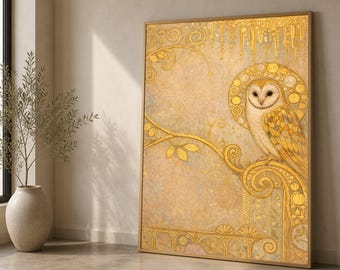 Elegant Barn Owl Canvas Wall Art, Golden Ornamental Owl Painting, Home Decor, Decorative Bird Canvas, Ready to Hang Wall Art