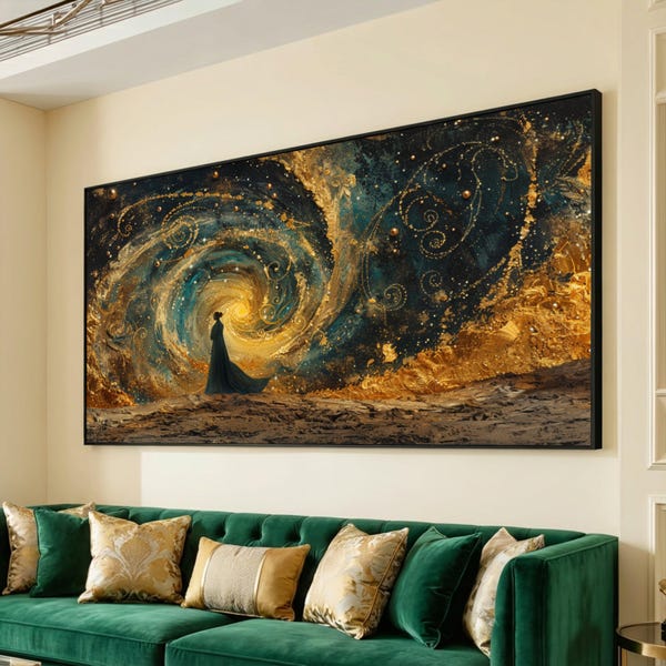 Gustav Klimt Style Cosmic Swirl, Abstract Galaxy Canvas, Gold Spiral Wall Art, Mystical Night Sky, Figurative Silhouette Canvas, Home Decor