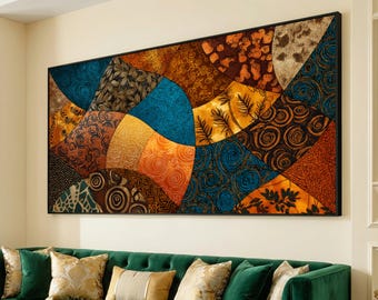 Abstract patchworkontwerp canvas, boho kunst aan de muur, huisdecor in aardetinten, canvaskunstwerk met patroon, moderne rustieke decoratie