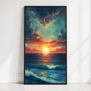 Vibrant Ocean Sunset Canvas, Sea Waves Wall Art, Colorful Sky Painting, Coastal Landscape Canvas, Beach Sunset Decor, Ready to Hang