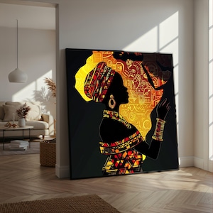 Afrikanische Frau Silhouette Leinwand Kunst, Stammes- Muster Wandkunst, Afrocentric Wohnkultur, ethnische Leinwandmalerei, lebendiges kulturelles Kunstwerk