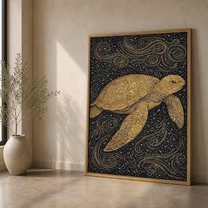 Goldene Meeresschildkröte Leinwand Wandkunst, Komplizierte Punktmuster Schildkröte Malerei, Ozean wild lebende Tiere Dekor, nautische Leinwand, Küstenwandkunst