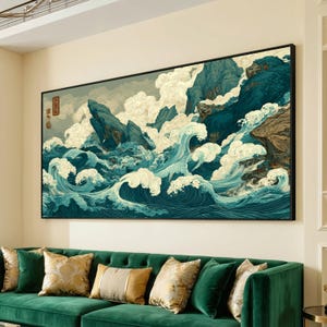 Lienzo con olas oceánicas dinámicas, estilo Katsushika Hokusai, arte japonés de olas, paisaje marino tradicional, decoración de pared costera, lienzo de mar azul