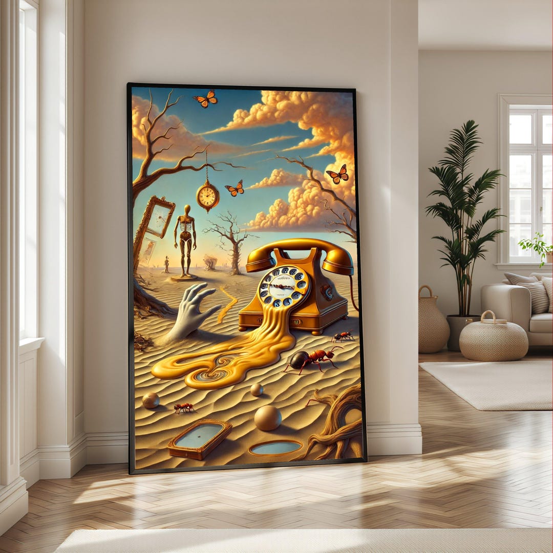 Surreal Desert Landscape Canvas, Melting Clock and Telephone Art ...