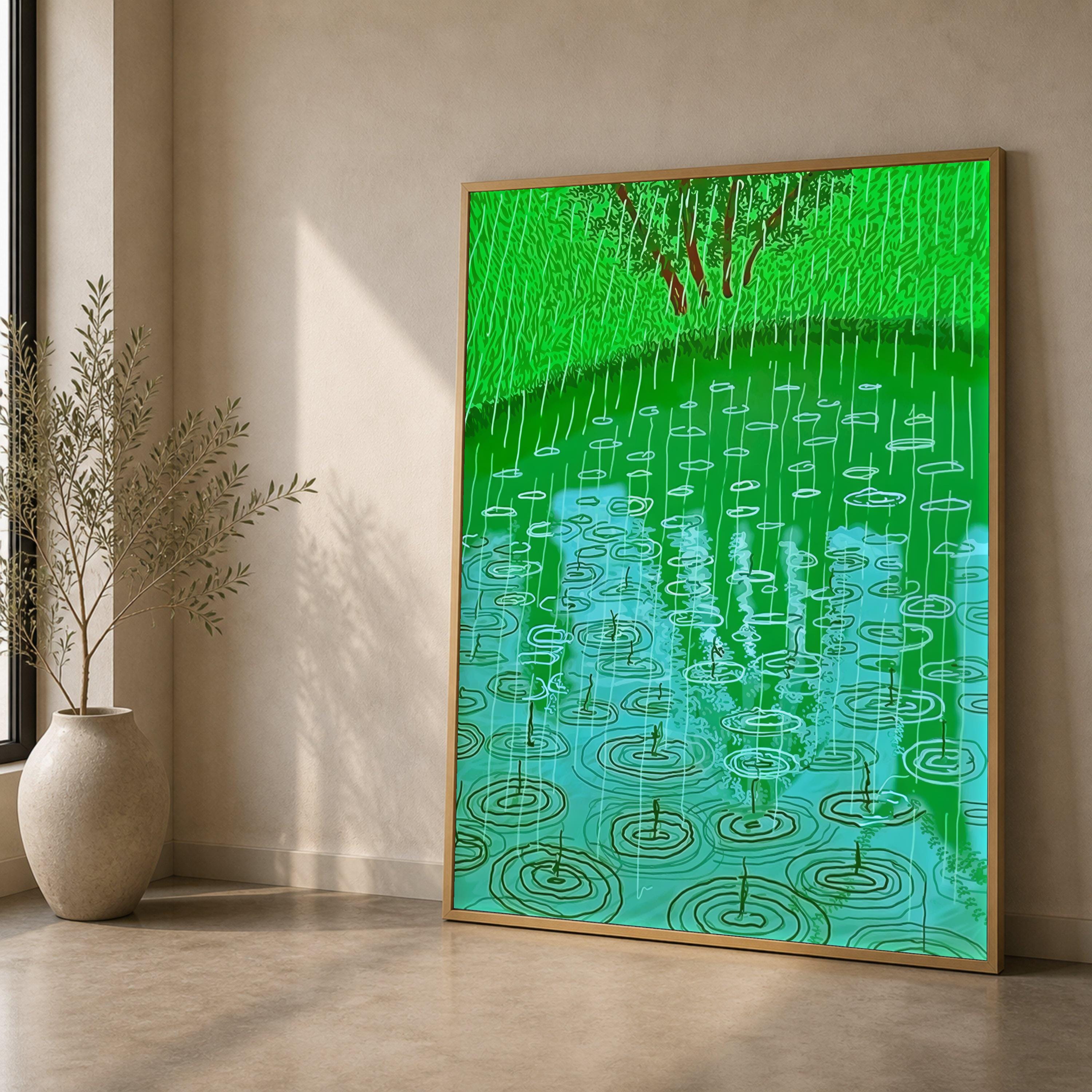 Rain Drop Ripples Canvas, Modern Abstract Nature Scene, Green