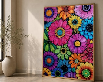 Vibrant Colorful Flowers Canvas Wall Art, Abstract Floral Pattern, Bright Botanical Decoration, Garden Canvas Artwork, Home Wall Decor