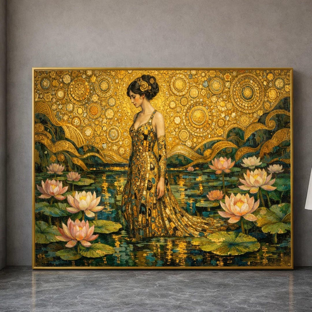 Gustav Klimt Style Woman in Gold Dress, Floral Lotus Pond Canvas ...