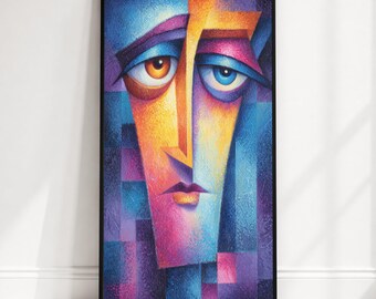 Modern Abstract Face Canvas Wall Art, Colorful Cubist Portrait Painting, Geometric Expressionist Canvas, Contemporary Home Decor