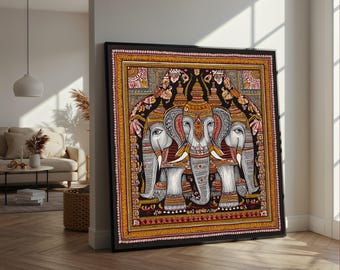 Ornate Three Elephant Canvas, Traditional Indian Tribal Art, Colorful Ethnic Wall Decor, Handcrafted Animal Canvas, Cultural Home Decoration