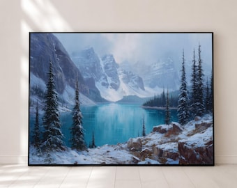 Majestic Snowy Mountain Lake, Winter Pine Trees Canvas, Frozen Landscape Wall Art, Serene Nature Scene Canvas, Home Decor Painting
