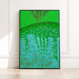 Tela con increspature di gocce di pioggia, scena astratta moderna della natura, arte murale con riflessi di acqua verde, tela elegante per l'arredamento di casa