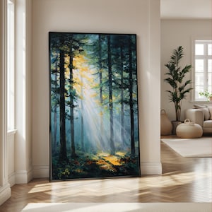 May include: A framed forest landscape painting. The artwork depicts tall, dark green trees with sunlight streaming through the canopy. The light creates a bright, yellow and white glow in the center of the painting, illuminating the forest floor.