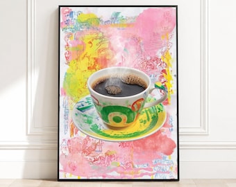 Steaming Coffee Cup Canvas, Colorful Abstract Background, Modern Kitchen Wall Art, Vibrant Coffee Art Print, Home Cafe Decoration
